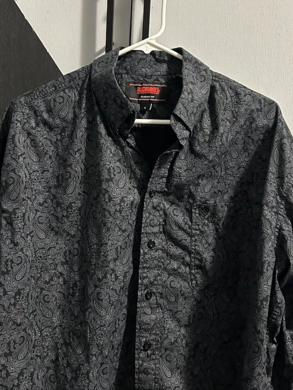 Rock & Roll Denim Black/Gray Paisley Floral Print Button Down LS Shirt Men's L